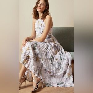 SOLD Ted Baker White Cream Pink Floral Pleated Asymmetrical Dress